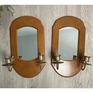 Pair Of Vintage Wood & Brass Candle Sconces with Mirrors Candle Holders